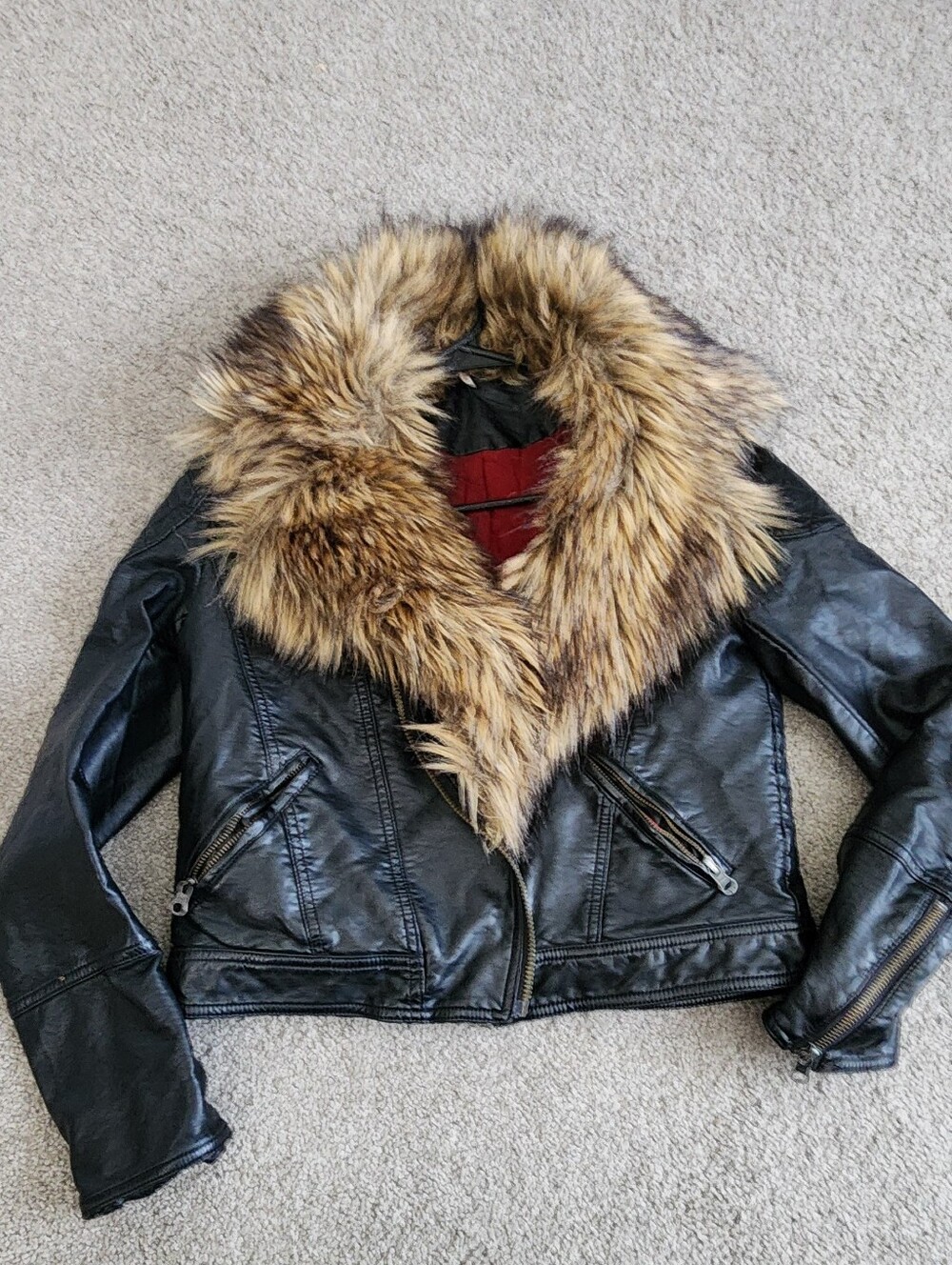 Free People Black Leather Jacket with Tan Faux Fur Collar